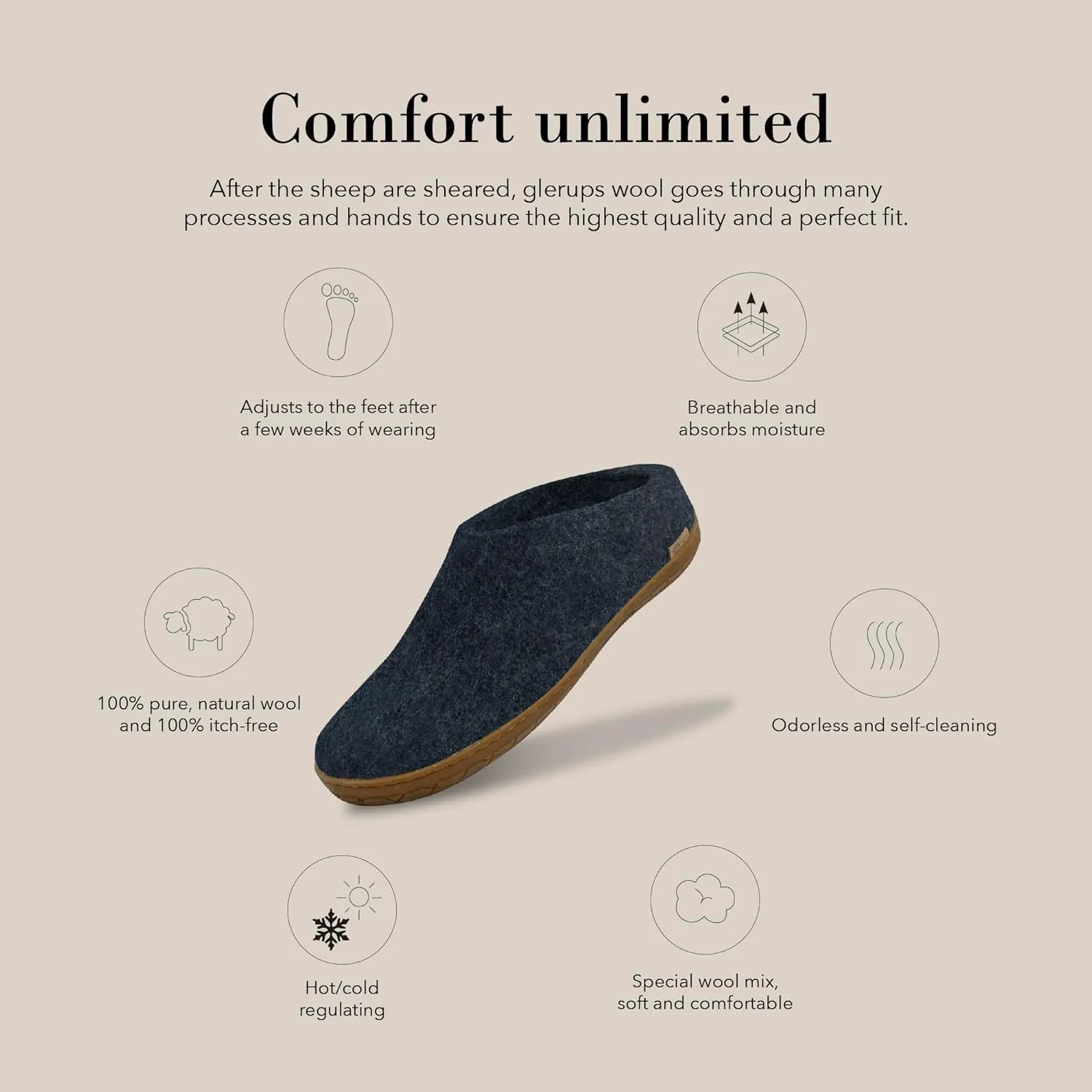 Glerups 100% high quality wool mix Slipper with rubber sole - Unisex Slip-on