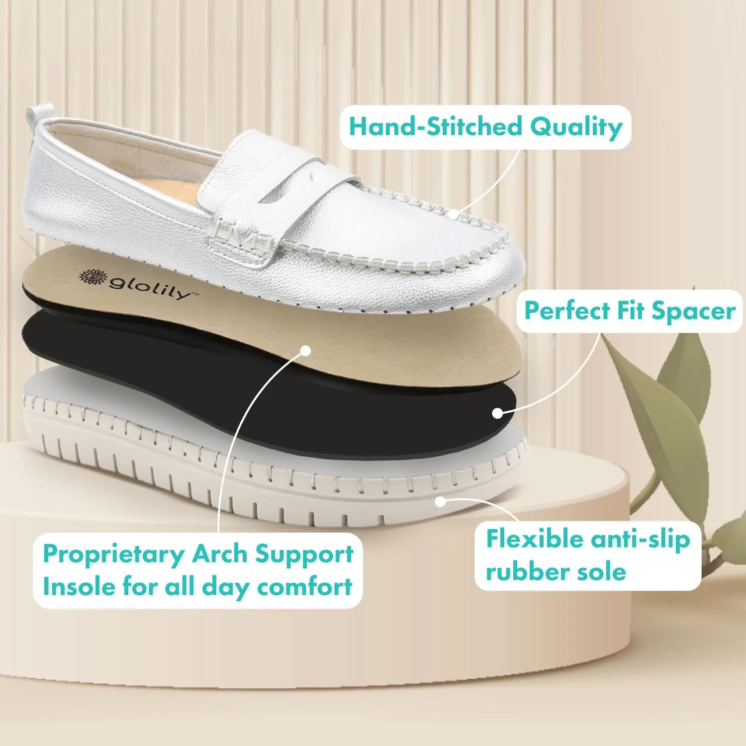Glolily Elle Loafer Women's Comfort Sneaker - Orthotic Lightweight & Flexible Walking Shoes with Arch Support, Comfortable Casual Fashion Shoes for Women