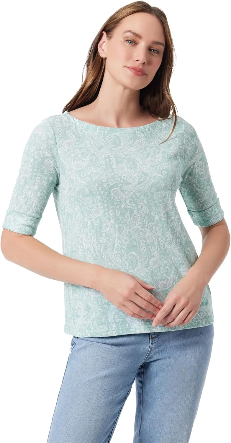 Gloria Vanderbilt Women's Alanis Boat Neck Knit Tee Shirt with Elbow Sleeves Standard