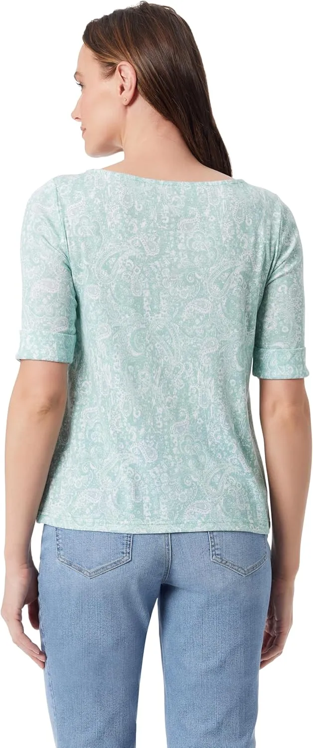 Gloria Vanderbilt Women's Alanis Boat Neck Knit Tee Shirt with Elbow Sleeves Standard