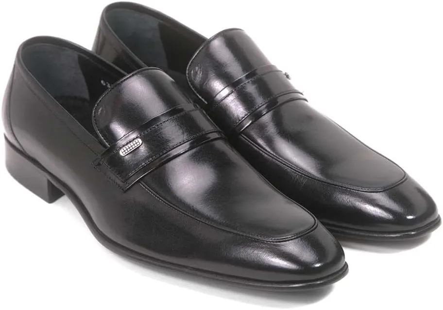 Golden Pass Men's Black Calf Leather Plain Toe Slip on Loafers with Leather Sole