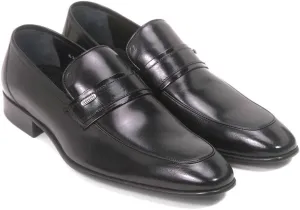 Golden Pass Men's Black Calf Leather Plain Toe Slip on Loafers with Leather Sole