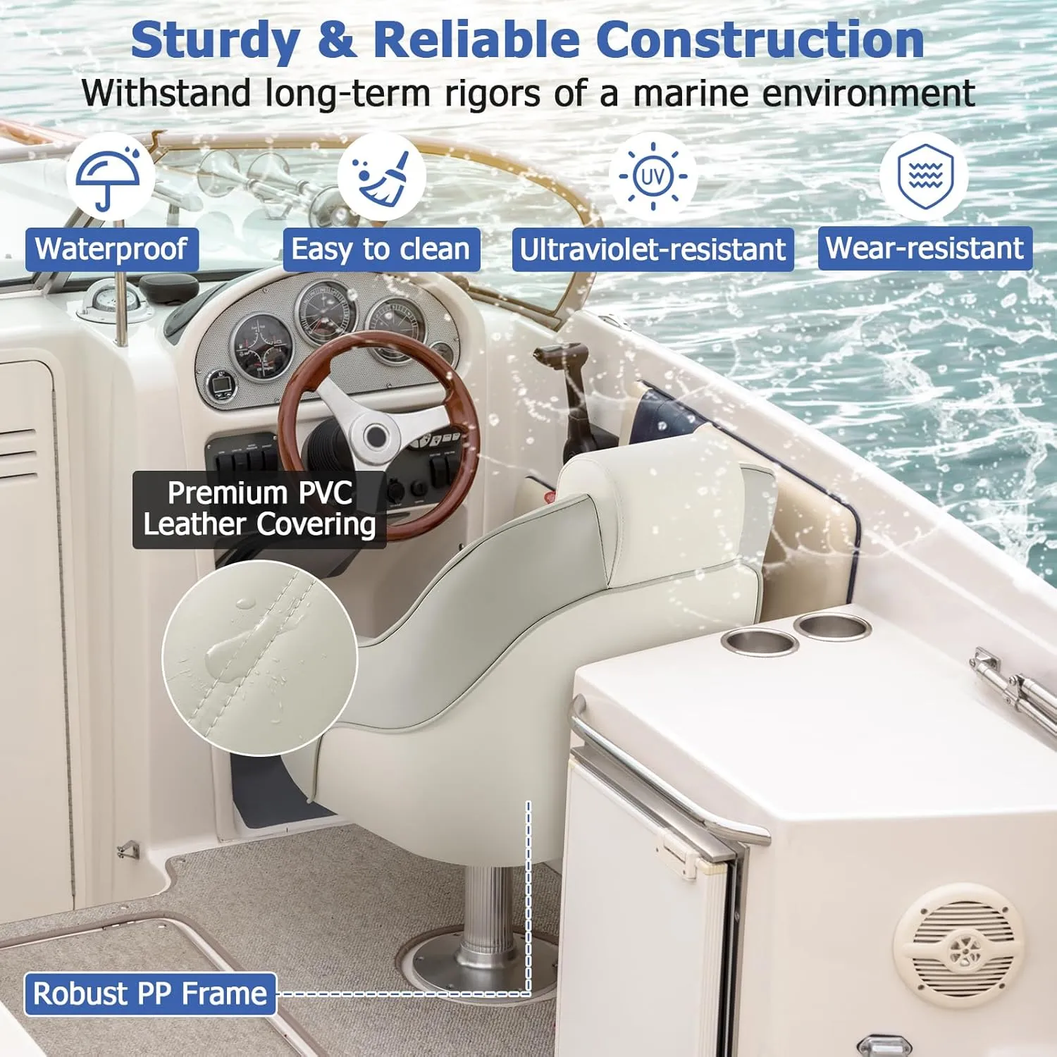 Goplus Captain Bucket Seat, Pontoon Boat Seats w/Waterproof PVC Leather & Thick Sponge Padding, Curve Armrest, High Back Boat Captain Chair for Fishing, Sightseeing (1 Pack Ivory & Gray)