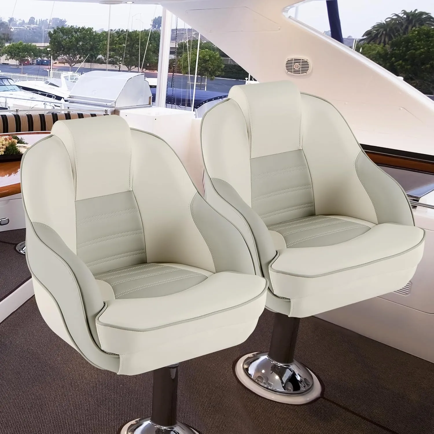 Goplus Captain Bucket Seat, Pontoon Boat Seats w/Waterproof PVC Leather & Thick Sponge Padding, Curve Armrest, High Back Boat Captain Chair for Fishing, Sightseeing (1 Pack Ivory & Gray)