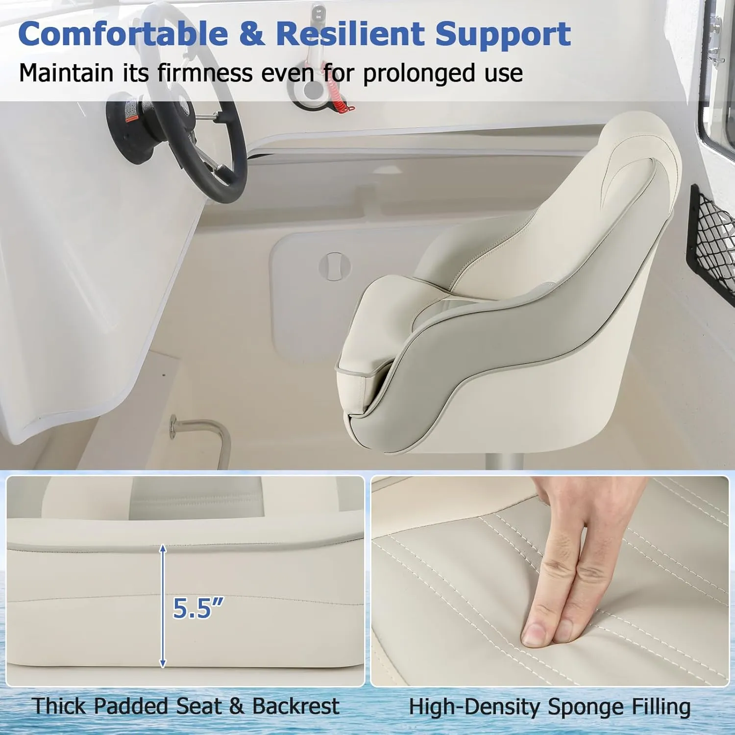 Goplus Captain Bucket Seat, Pontoon Boat Seats w/Waterproof PVC Leather & Thick Sponge Padding, Curve Armrest, High Back Boat Captain Chair for Fishing, Sightseeing (1 Pack Ivory & Gray)