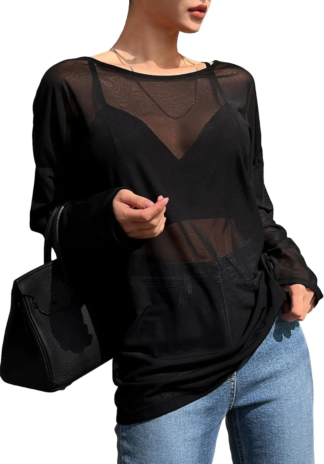 GORGLITTER Women's Mesh Long Sleeve Tops Sexy See Through Sheer Cover Up Top Oversized Boat Neck T Shirts