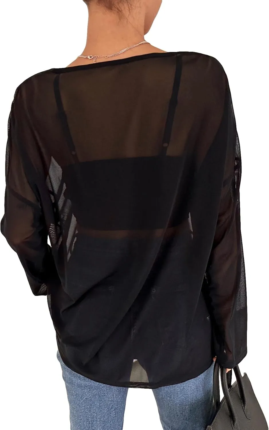 GORGLITTER Women's Mesh Long Sleeve Tops Sexy See Through Sheer Cover Up Top Oversized Boat Neck T Shirts