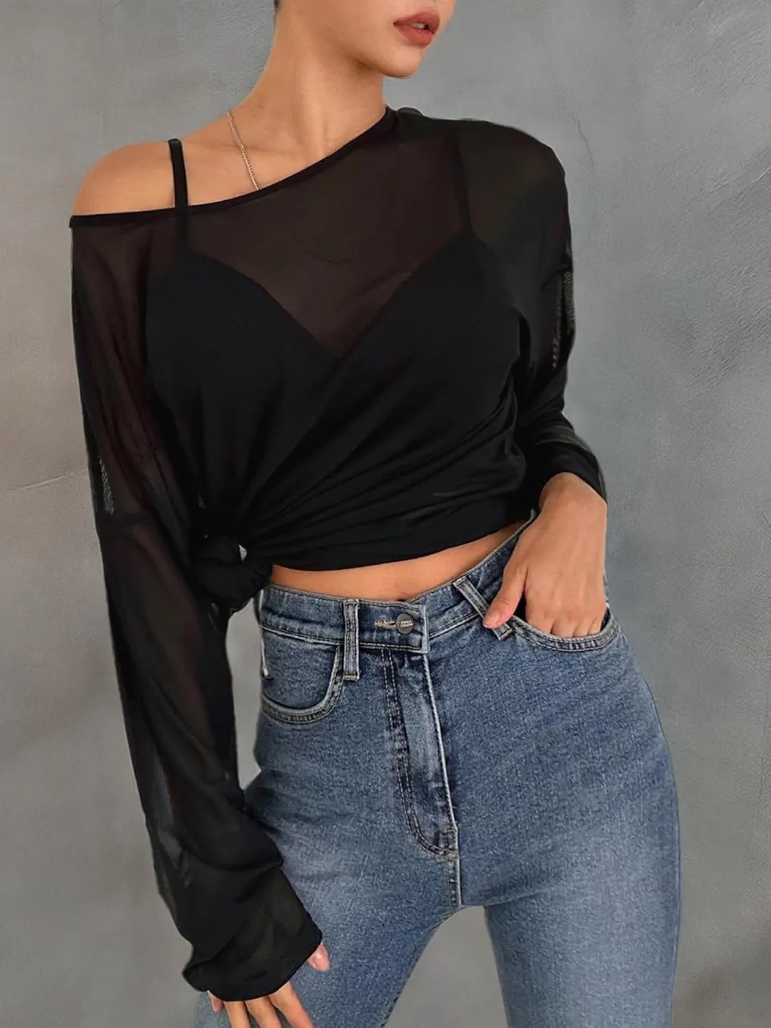 GORGLITTER Women's Mesh Long Sleeve Tops Sexy See Through Sheer Cover Up Top Oversized Boat Neck T Shirts