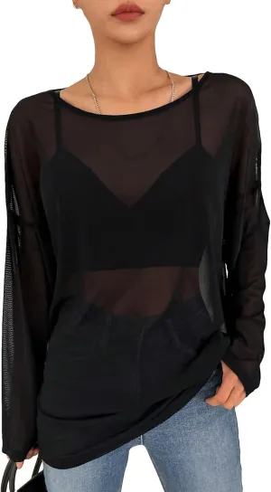GORGLITTER Women's Mesh Long Sleeve Tops Sexy See Through Sheer Cover Up Top Oversized Boat Neck T Shirts
