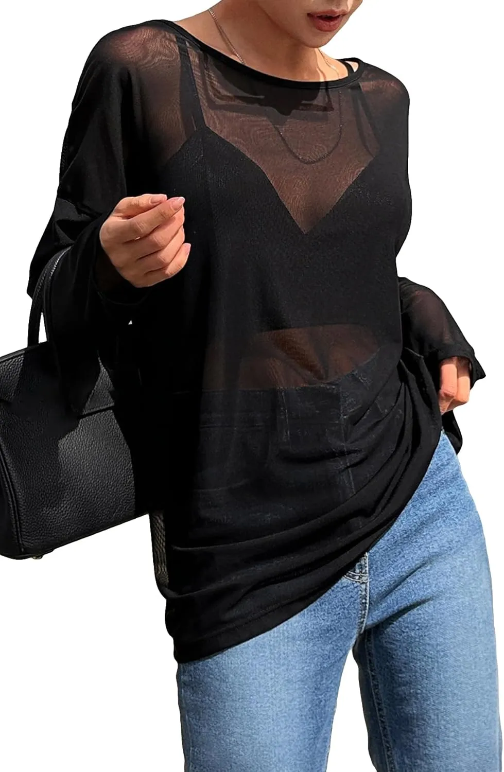 GORGLITTER Women's Mesh Long Sleeve Tops Sexy See Through Sheer Cover Up Top Oversized Boat Neck T Shirts