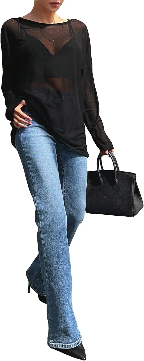 GORGLITTER Women's Mesh Long Sleeve Tops Sexy See Through Sheer Cover Up Top Oversized Boat Neck T Shirts