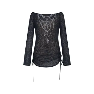 Goth Black Boat Neck Knitted Blouse