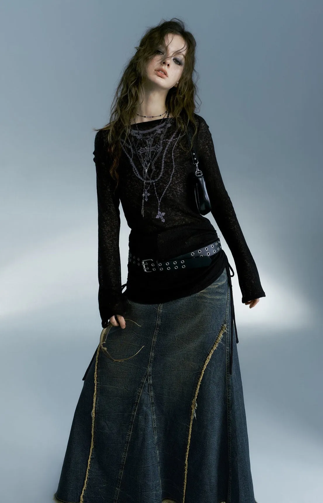 Goth Black Boat Neck Knitted Blouse