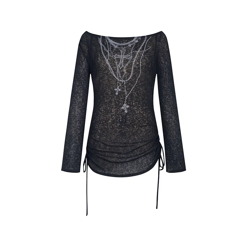 Goth Black Boat Neck Knitted Blouse