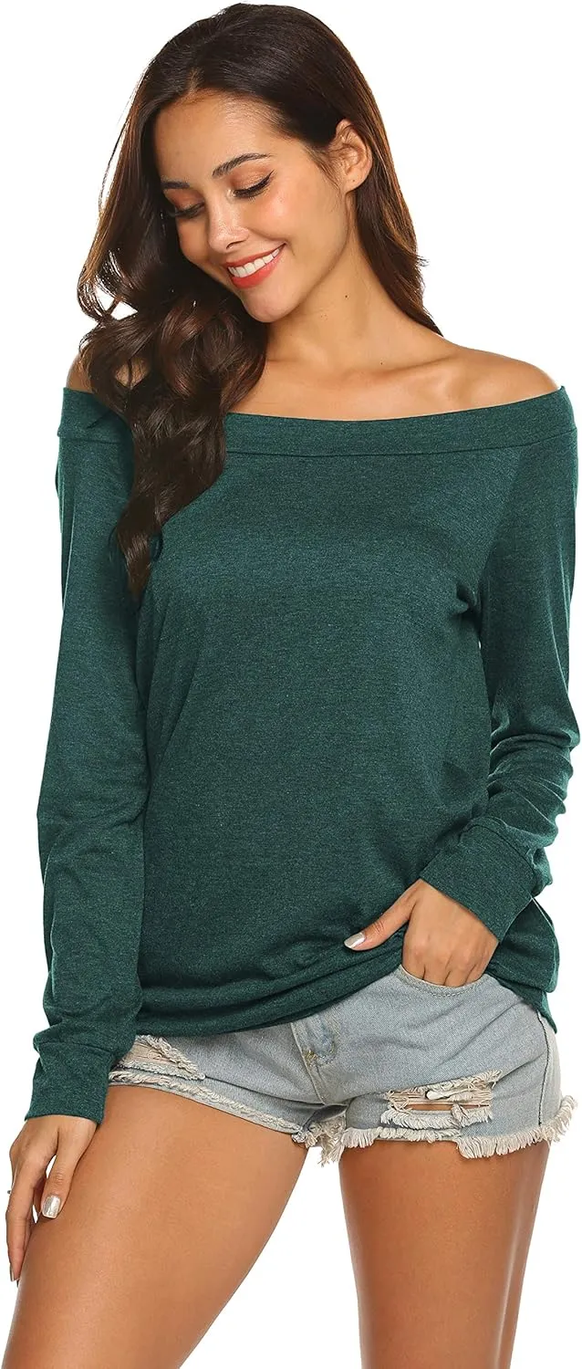 Halife Women's Long Sleeve Boat Neck Off Shoulder Blouse Tops