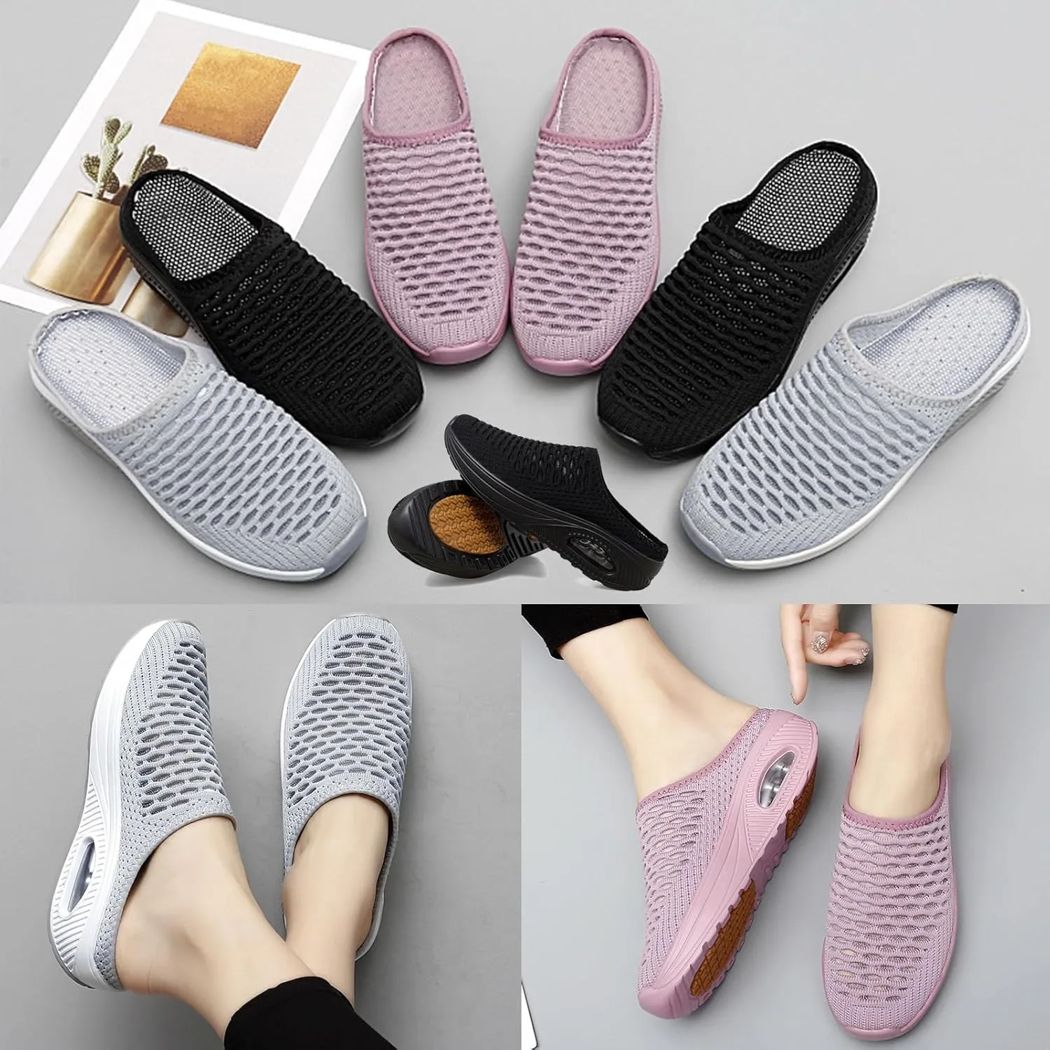 Hatmeo Women Orthopedic Slippers, Women's Woven Orthopedic Breathable Soft Shoes Arch Support, Lightweight Breathable Casual Mesh Slip-On Orthopedic Slippers(Black,US 8.5)