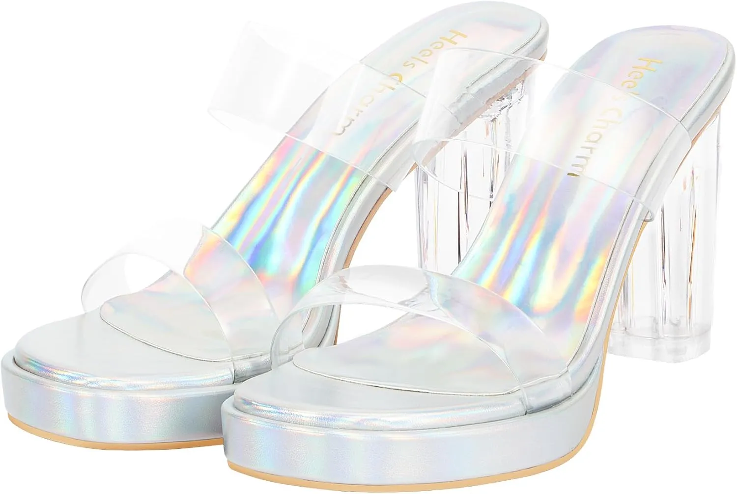Heels Charm Women's Platform Heels Clear Chunky Block Heeled Sandals Open Toe Two Strap Slip On Block High Heel Sandal Dress Dancing Sandals Daily Work Party Shoes