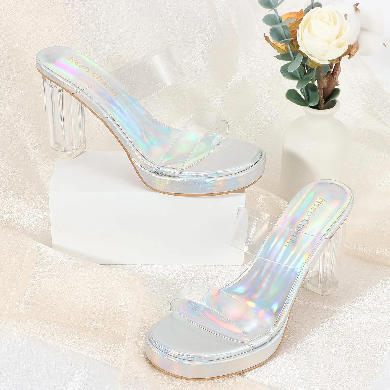 Heels Charm Women's Platform Heels Clear Chunky Block Heeled Sandals Open Toe Two Strap Slip On Block High Heel Sandal Dress Dancing Sandals Daily Work Party Shoes