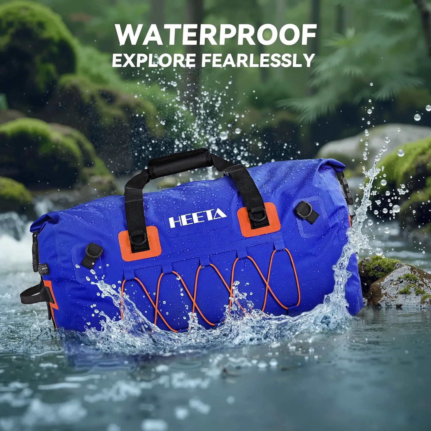 HEETA Waterproof Duffel Bag Motorcycle Dry Bag Backpack, Extra Large Rolltop Travel Duffle Bags with Straps & Handles for Kayaking Rafting Boating Canoeing Camping Gym Beach (Blue, 80L)