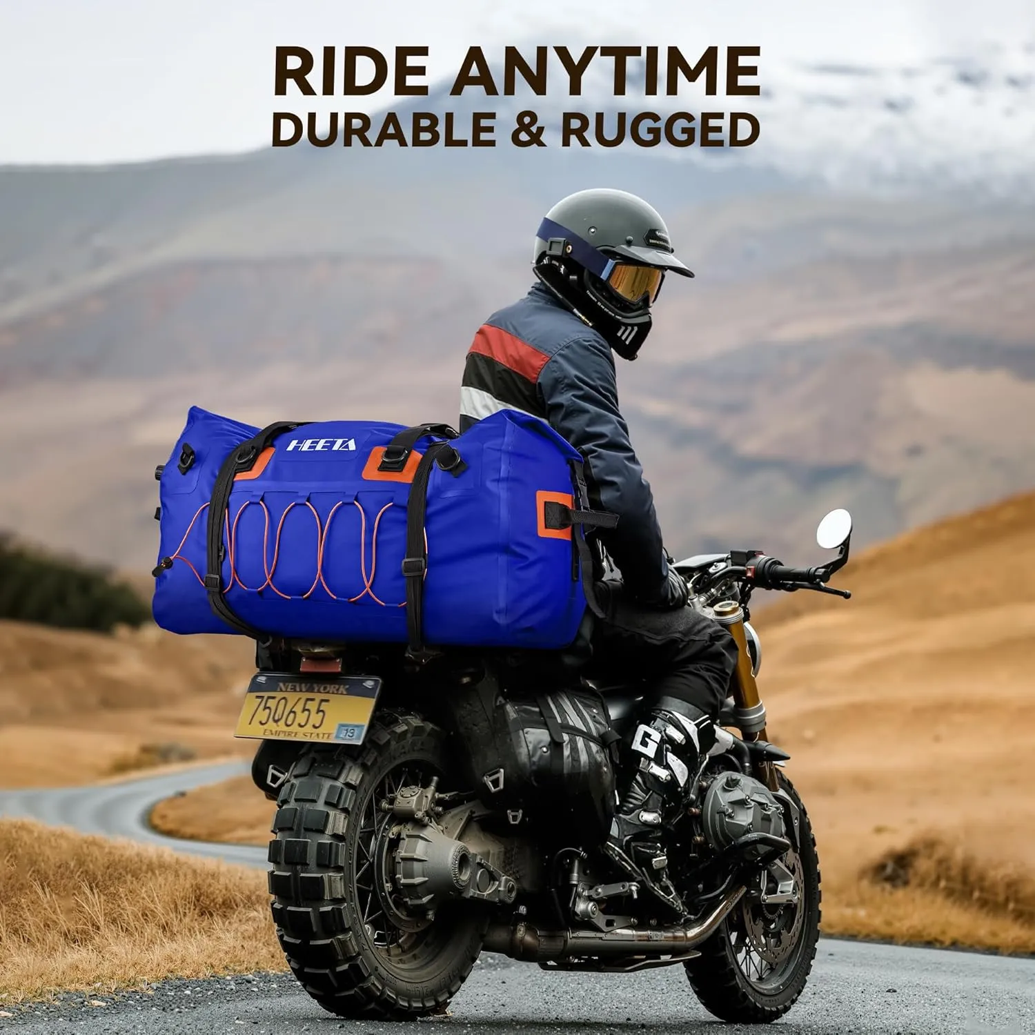 HEETA Waterproof Duffel Bag Motorcycle Dry Bag Backpack, Extra Large Rolltop Travel Duffle Bags with Straps & Handles for Kayaking Rafting Boating Canoeing Camping Gym Beach (Blue, 80L)