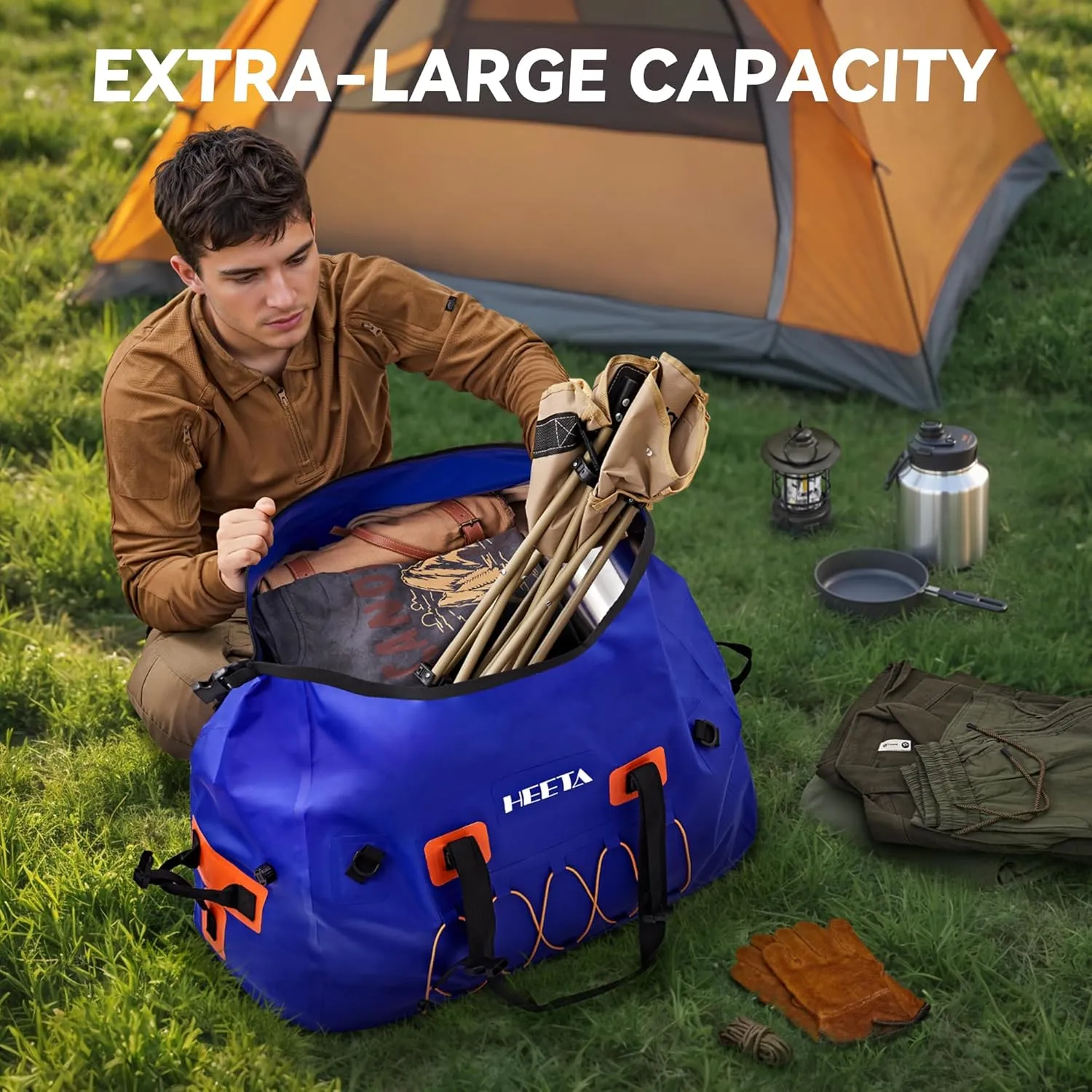 HEETA Waterproof Duffel Bag Motorcycle Dry Bag Backpack, Extra Large Rolltop Travel Duffle Bags with Straps & Handles for Kayaking Rafting Boating Canoeing Camping Gym Beach (Blue, 80L)
