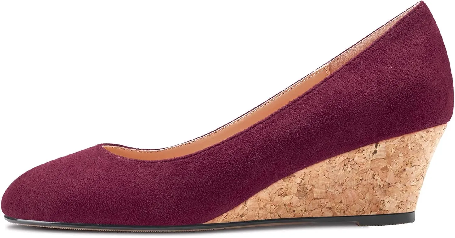 HEUIVZAR Pumps for Women Slip-on Closed Round Toe Block Chunky Wedge Low Heel Pumps Suede Shopping Vacation Classic 2 Inch