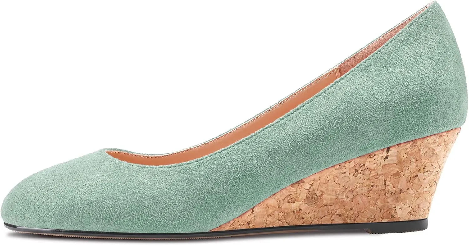 HEUIVZAR Pumps for Women Slip-on Closed Round Toe Block Chunky Wedge Low Heel Pumps Suede Shopping Vacation Classic 2 Inch