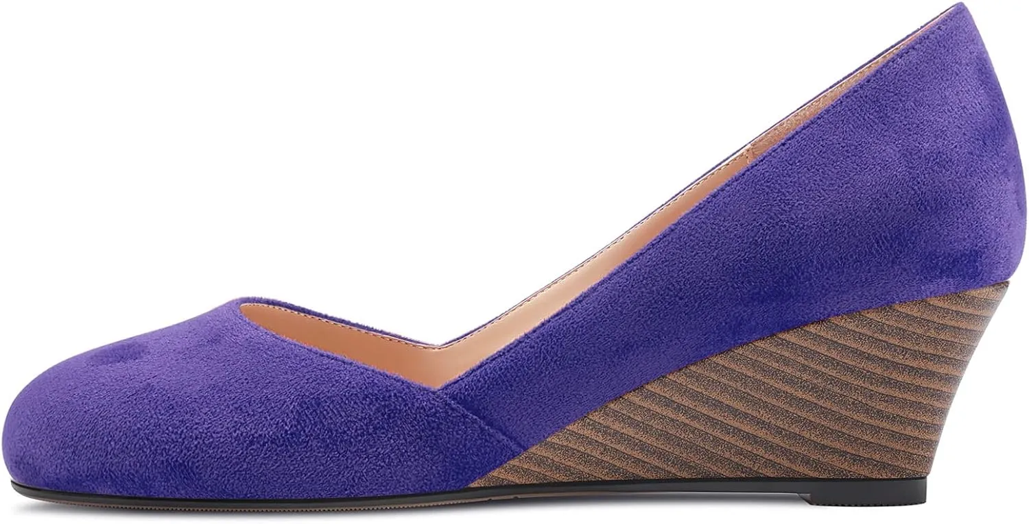 HEUIVZAR Slip On Wedge Pumps for Womens Closed Round Toe Mid Chunky Block Heel Suede Casual Comfort Dress Shoes 2 Inch