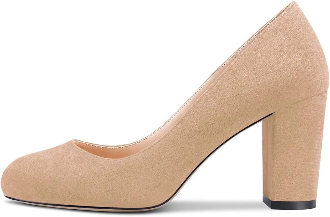 HEUIVZAR Women Pumps Round Toe Block Chunky Mid Heel Slip-on Dress Shoes Suede 3 Inch