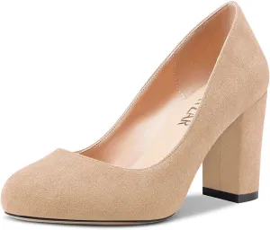 HEUIVZAR Women Pumps Round Toe Block Chunky Mid Heel Slip-on Dress Shoes Suede 3 Inch