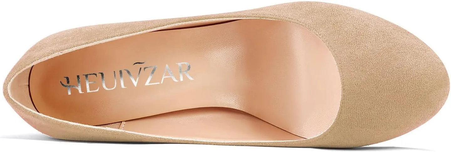 HEUIVZAR Women Pumps Round Toe Block Chunky Mid Heel Slip-on Dress Shoes Suede 3 Inch
