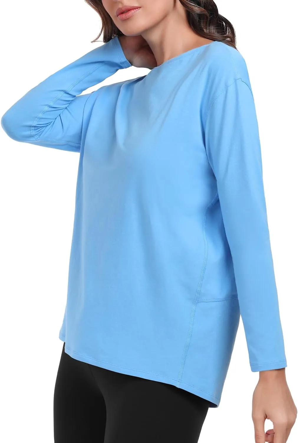 HeyNuts Women's Pima Cotton Long Sleeve Workout Shirts Boat Neck Athletic Loose Fit Soft Tops Fall Casual Shirts