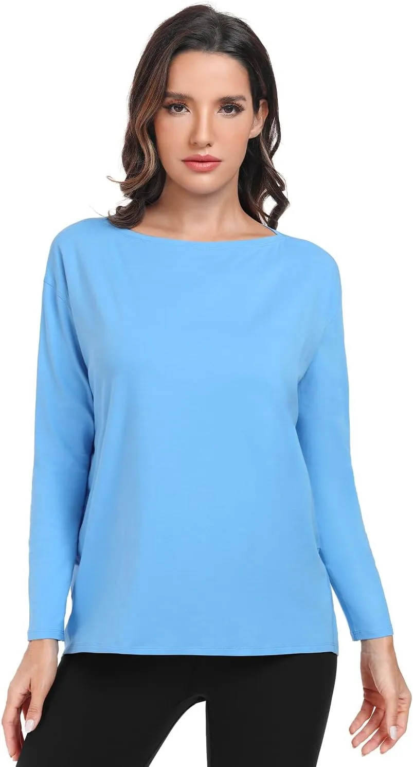 HeyNuts Women's Pima Cotton Long Sleeve Workout Shirts Boat Neck Athletic Loose Fit Soft Tops Fall Casual Shirts