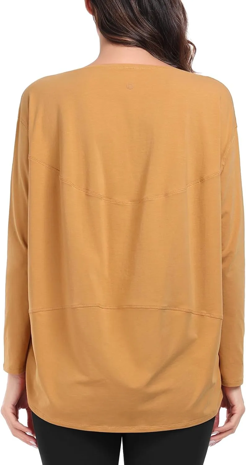 HeyNuts Women's Pima Cotton Long Sleeve Workout Shirts Boat Neck Athletic Loose Fit Soft Tops Fall Casual Shirts
