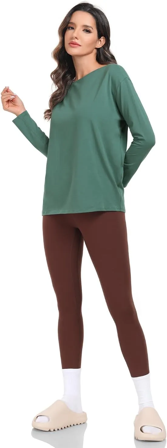 HeyNuts Women's Pima Cotton Long Sleeve Workout Shirts Boat Neck Athletic Loose Fit Soft Tops Fall Casual Shirts