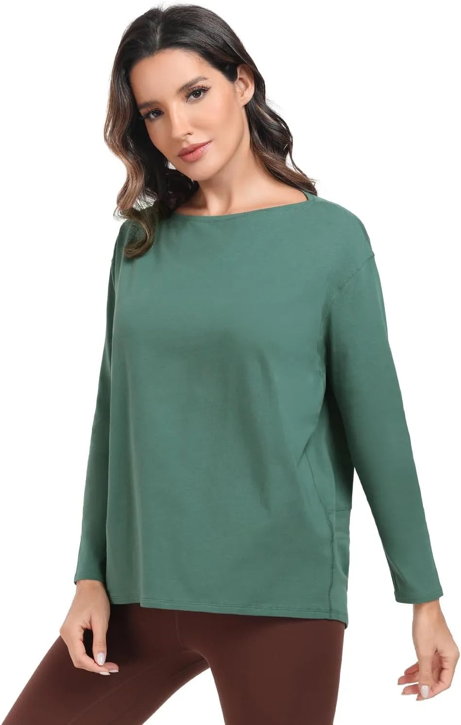 HeyNuts Women's Pima Cotton Long Sleeve Workout Shirts Boat Neck Athletic Loose Fit Soft Tops Fall Casual Shirts