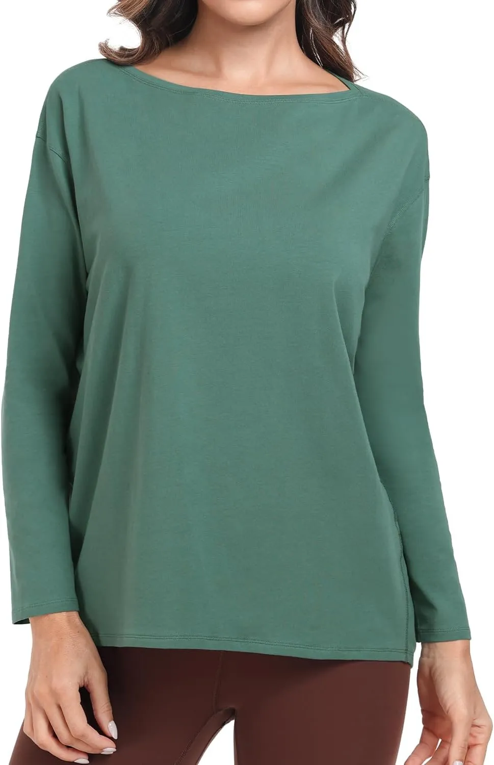 HeyNuts Women's Pima Cotton Long Sleeve Workout Shirts Boat Neck Athletic Loose Fit Soft Tops Fall Casual Shirts