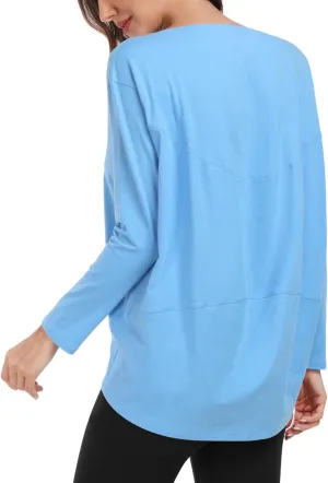 HeyNuts Women's Pima Cotton Long Sleeve Workout Shirts Boat Neck Athletic Loose Fit Soft Tops Fall Casual Shirts