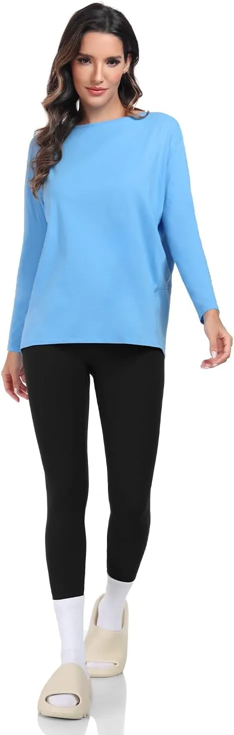 HeyNuts Women's Pima Cotton Long Sleeve Workout Shirts Boat Neck Athletic Loose Fit Soft Tops Fall Casual Shirts