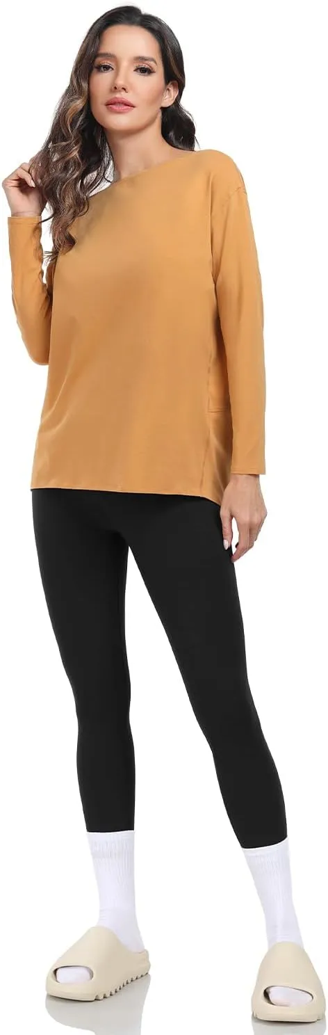 HeyNuts Women's Pima Cotton Long Sleeve Workout Shirts Boat Neck Athletic Loose Fit Soft Tops Fall Casual Shirts