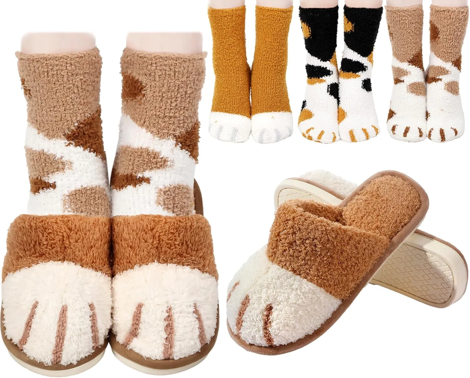 Hicarer 4 Pair of Womens Cat Claw Slippers Fuzzy Paw Socks Set Warm Cute Animal Socks Slipper Christmas Winter Gift