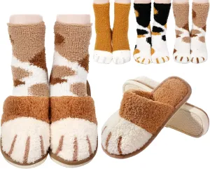 Hicarer 4 Pair of Womens Cat Claw Slippers Fuzzy Paw Socks Set Warm Cute Animal Socks Slipper Christmas Winter Gift