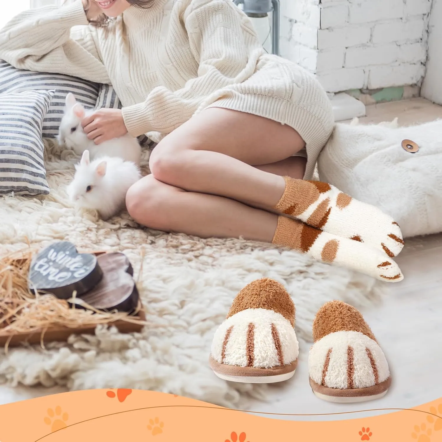 Hicarer 4 Pair of Womens Cat Claw Slippers Fuzzy Paw Socks Set Warm Cute Animal Socks Slipper Christmas Winter Gift