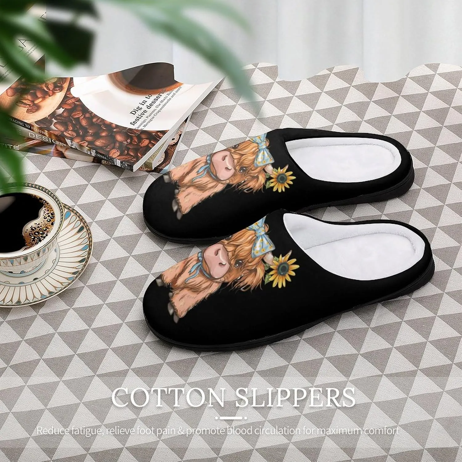 Highland Cow With Sunflowers Mens Slippers Casual Slip On Warm House Shoes with Rubber Sole Indoor Outdoor
