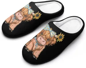 Highland Cow With Sunflowers Mens Slippers Casual Slip On Warm House Shoes with Rubber Sole Indoor Outdoor