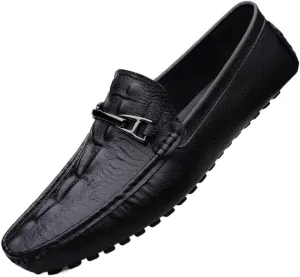 HOOENG Men's Shoes Loafers for Men Faux Crocodile Print Leather Flexible Flat Heel Anti-Slip Comfortable Party Casual Slip On (Color : Black, Size : 8)