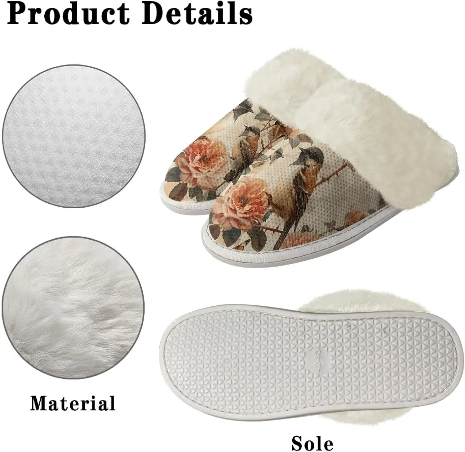 Howilath Small Bird Cotton House Shoes for Women Fluffy Slippers Warm Bedroom Shoes with Anti-Skid Sole