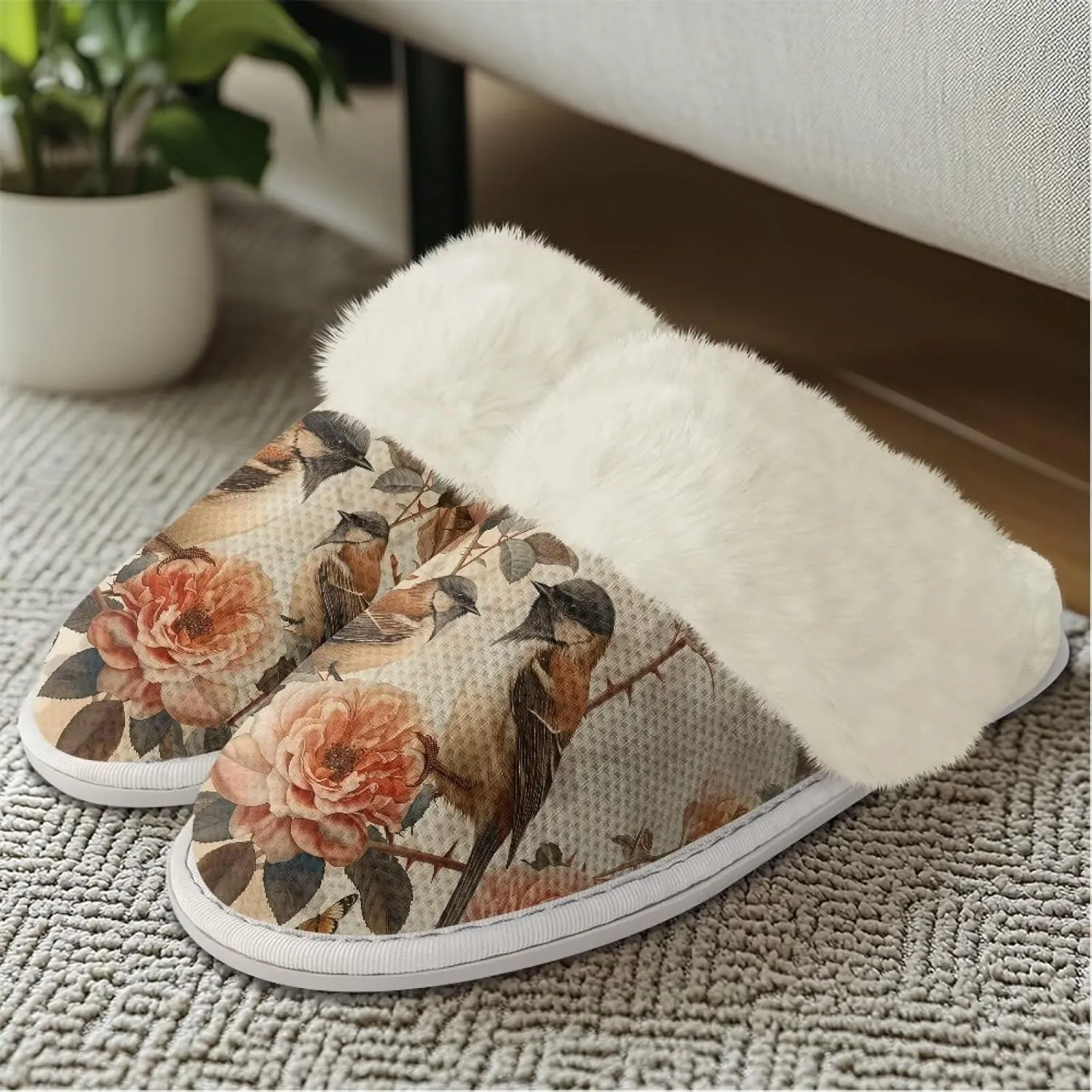 Howilath Small Bird Cotton House Shoes for Women Fluffy Slippers Warm Bedroom Shoes with Anti-Skid Sole