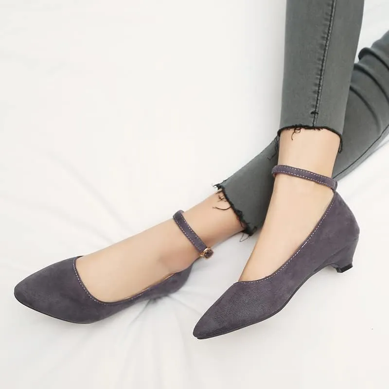 HuangTaiJi Qing Women's Classic Kitten Low Heeled Pumps Slip-on Work Shoes, Soft Faux Suede Buckle Decro Mid Heels for Office