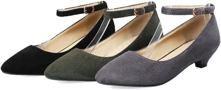 HuangTaiJi Qing Women's Classic Kitten Low Heeled Pumps Slip-on Work Shoes, Soft Faux Suede Buckle Decro Mid Heels for Office